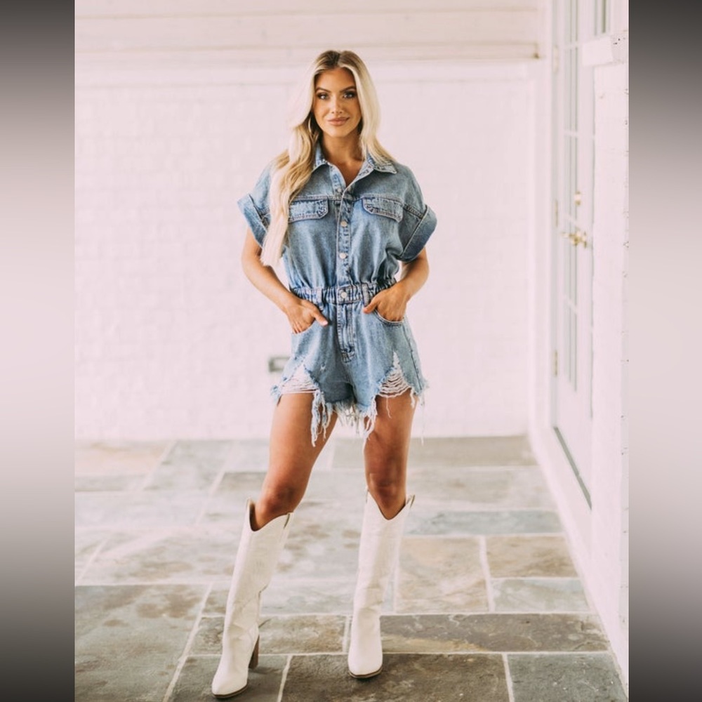 These Three Boutique Sold Out Katelyn Distressed Denim Romper size small